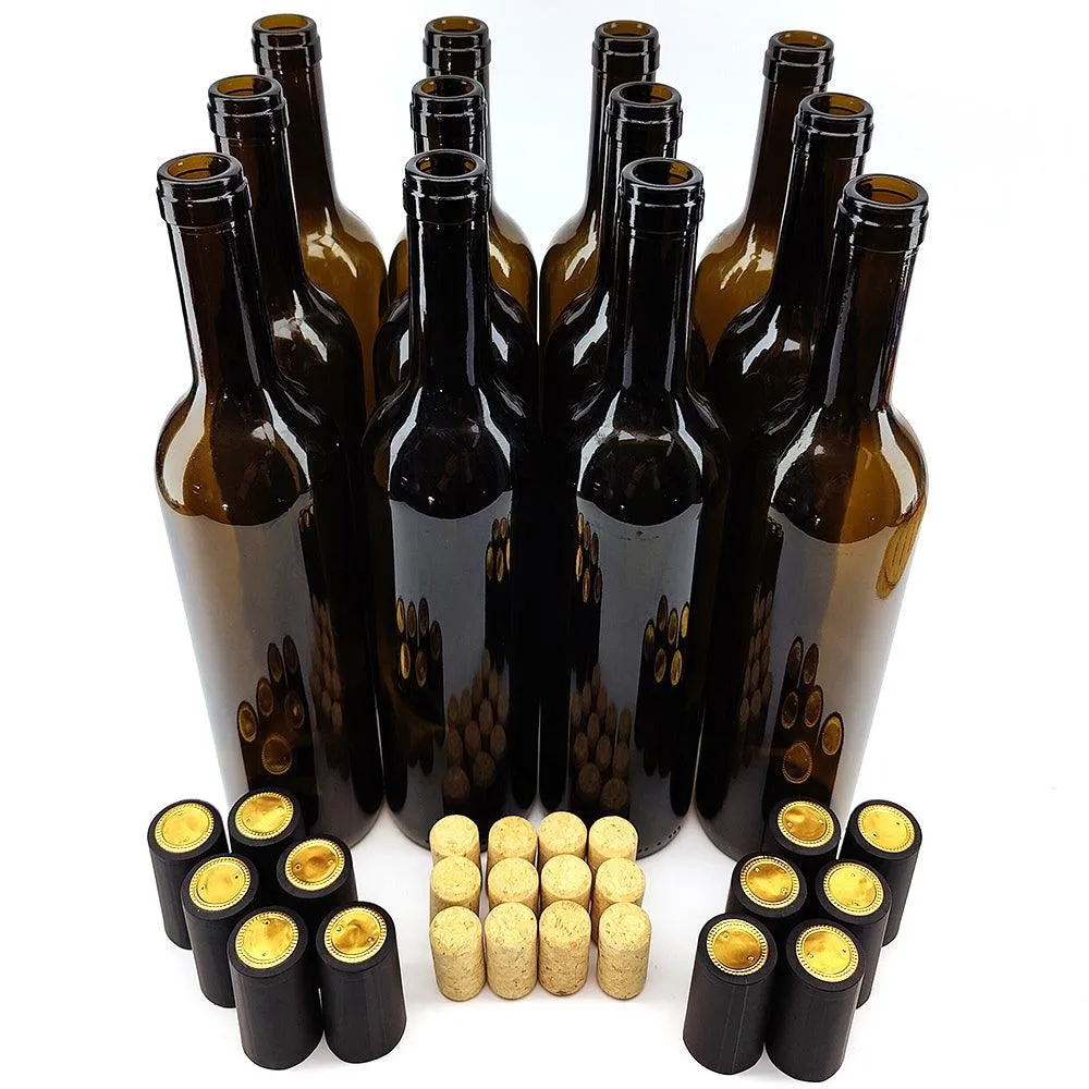 12 x 750mL Wine Bottles - Including Corks, Black Heat Shrink Sleeves & Hand Crafted Labels