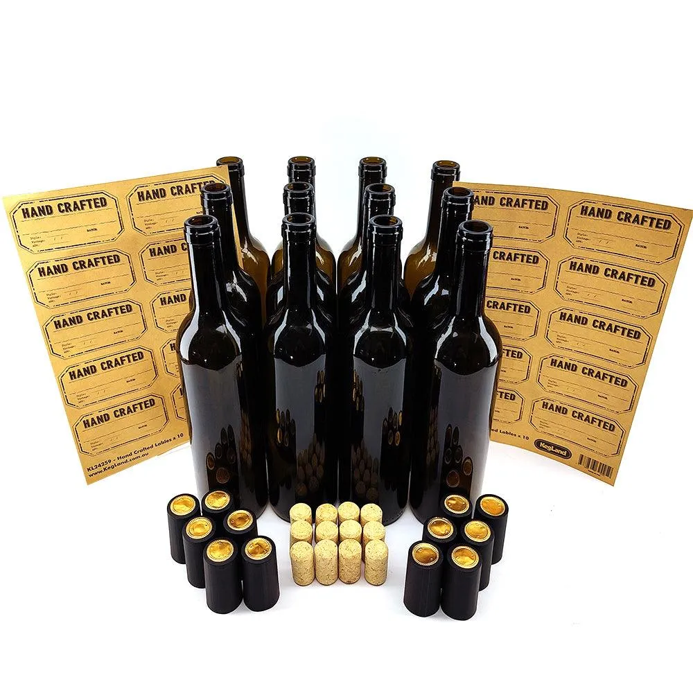 12 x 750mL Wine Bottles - Including Corks, Black Heat Shrink Sleeves & Hand Crafted Labels