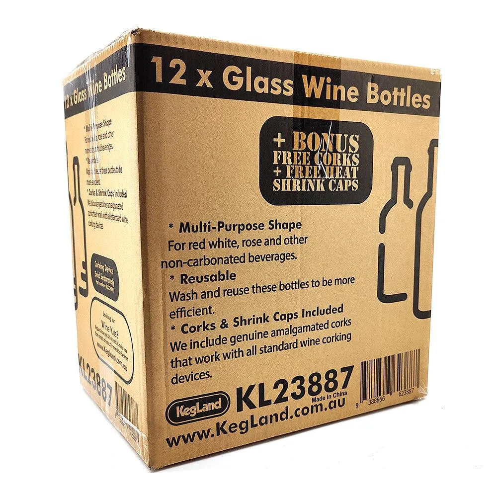 12 x 750mL Wine Bottles - Including Corks, Black Heat Shrink Sleeves & Hand Crafted Labels