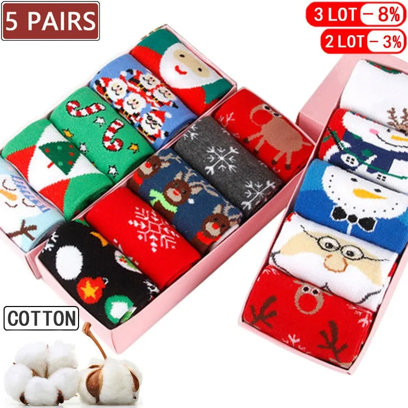 5 Pairs Men/Women Cotton Cartoon Christmas Socks Cute Santa Claus Elk Snow Funny Sock Happy Winter New Year Socks Christmas Gift