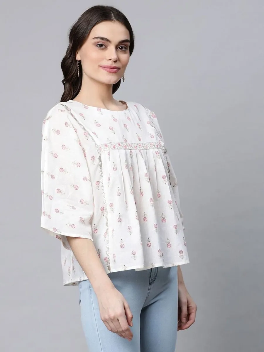 Ahalyaa Off White Pure Cotton Floral Printed Tunic