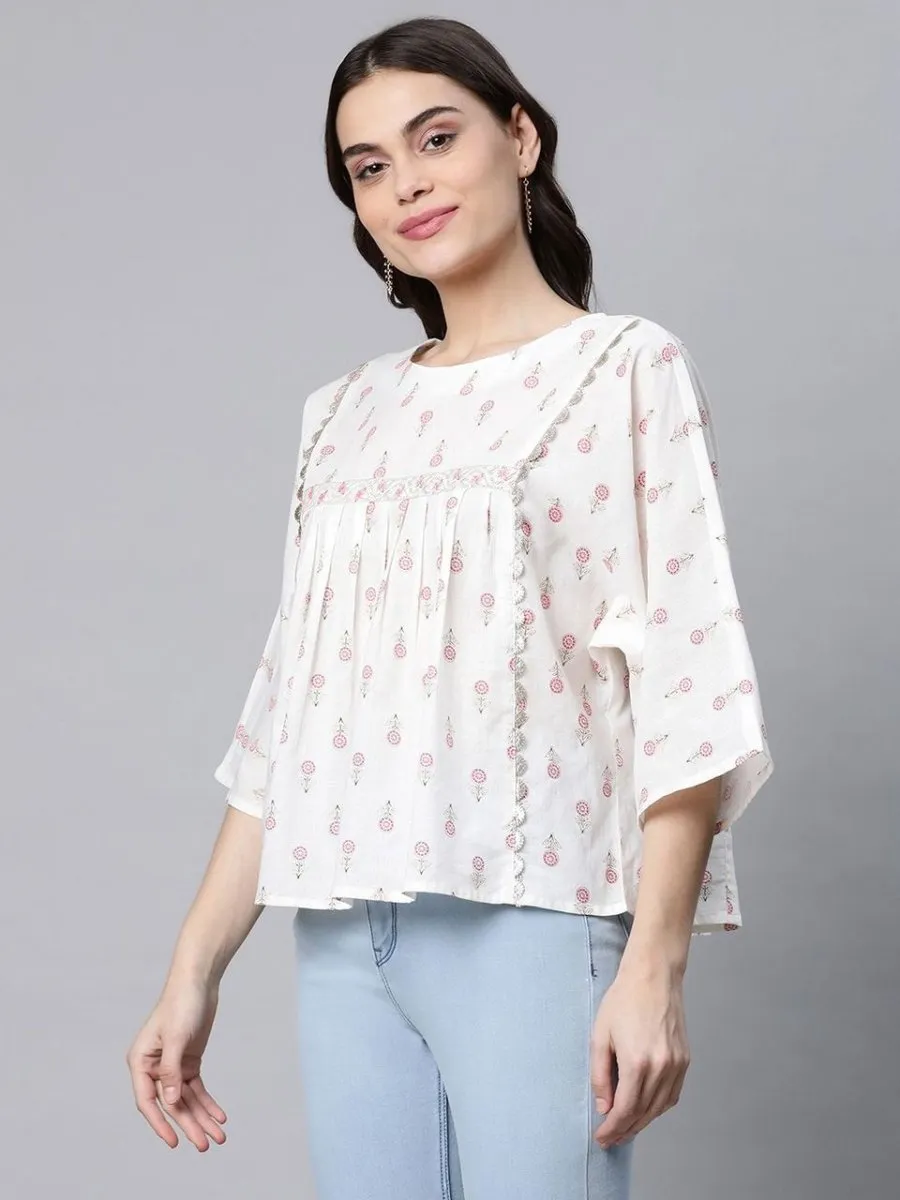 Ahalyaa Off White Pure Cotton Floral Printed Tunic