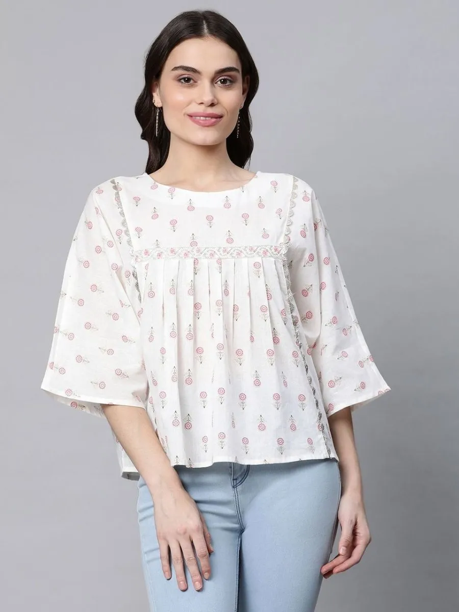 Ahalyaa Off White Pure Cotton Floral Printed Tunic