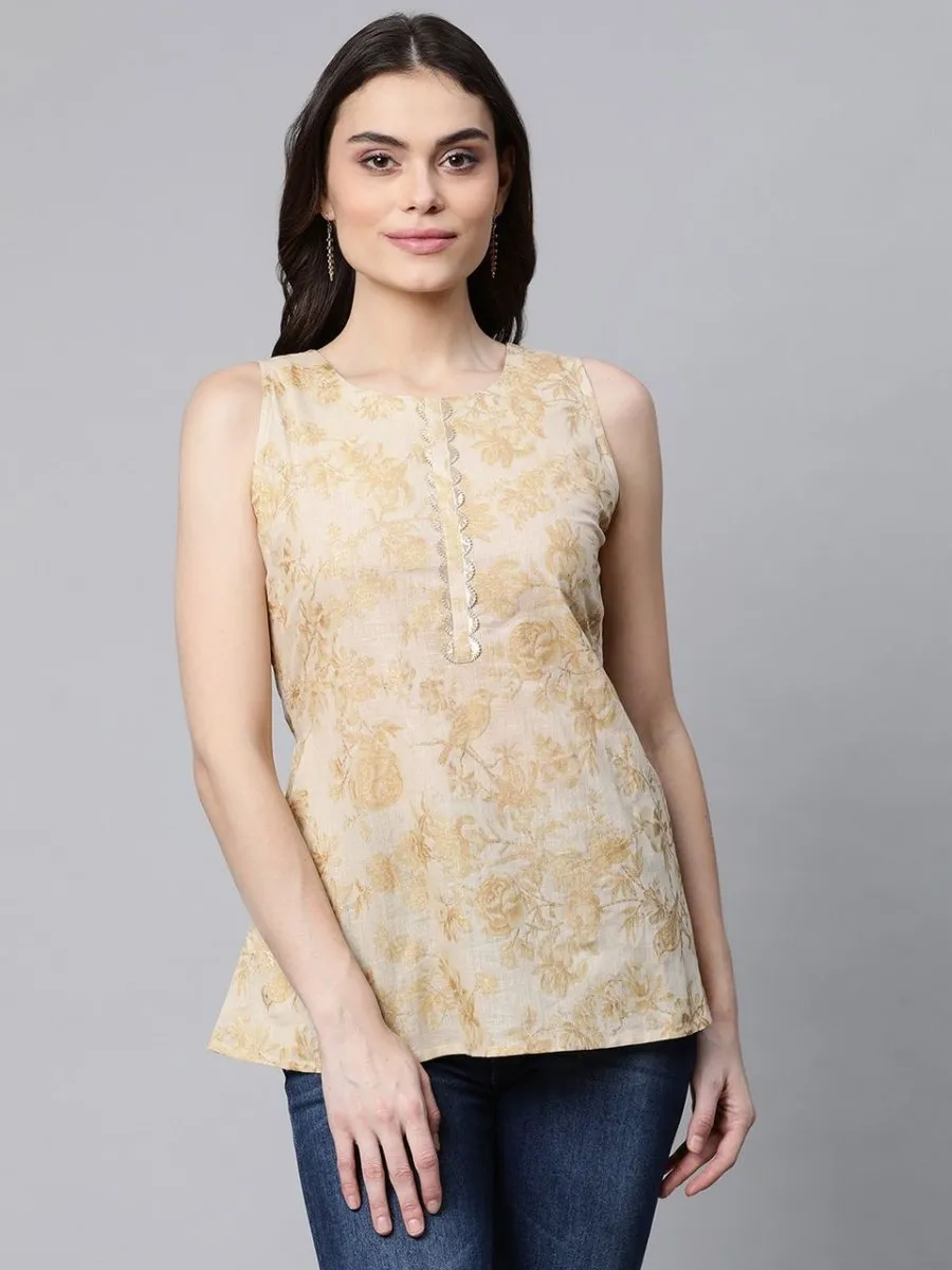 Ahalyaa Women Beige Cotton Gold Printed Tunic