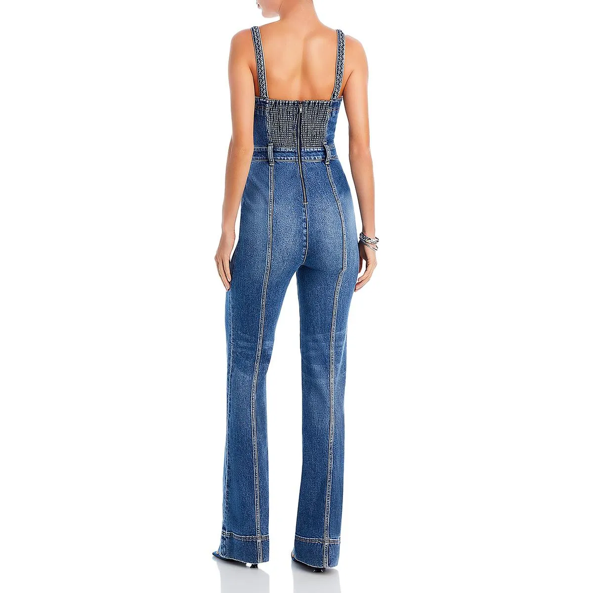 Alice and Olivia Womens Denim Smocked Overall Jeans