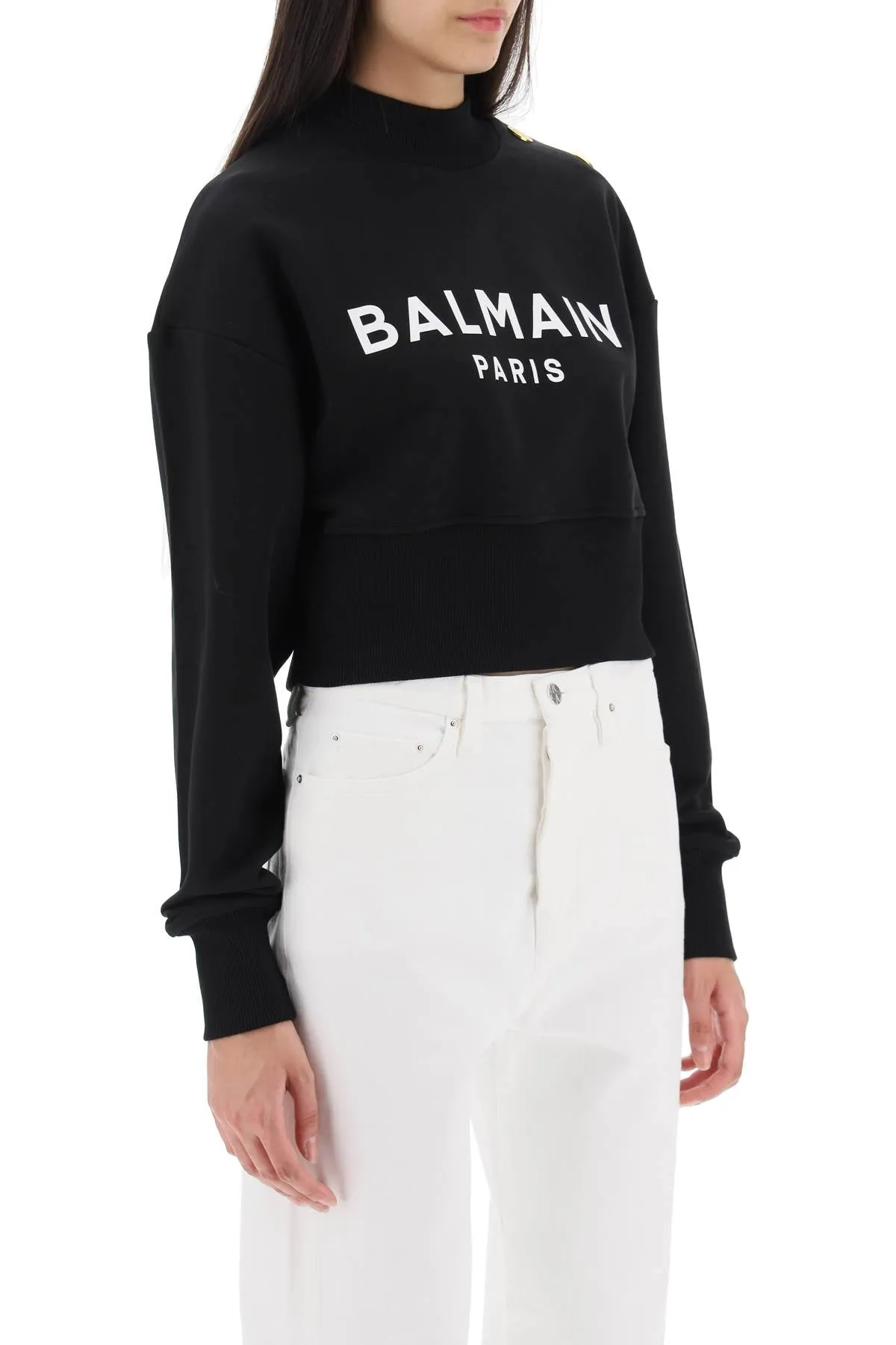 BALMAIN Embellished Button Black Cotton Sweatshirt for Women