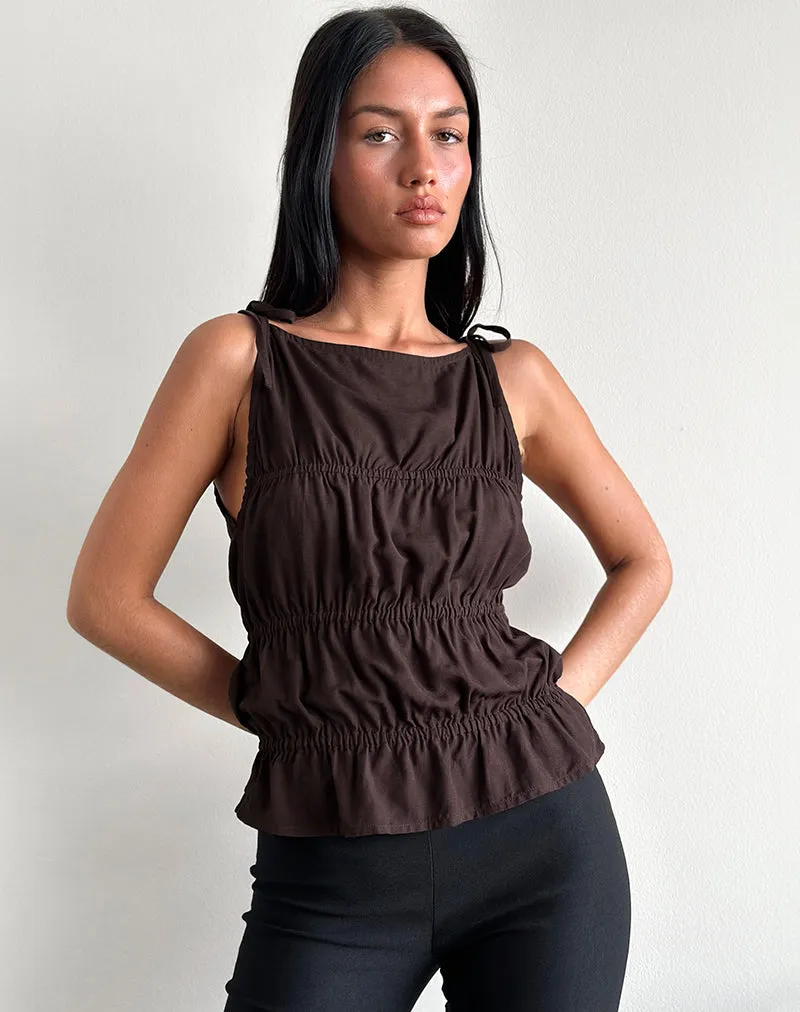 Beck Ruched Tie Strap Top in Bitter Chocolate