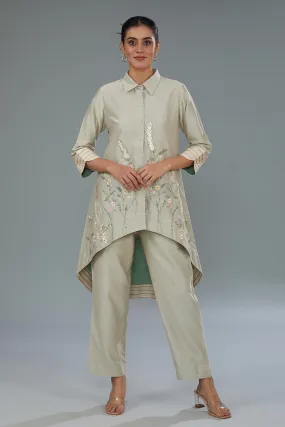 Beige Embroidered High-Low Tunic & Pant Set