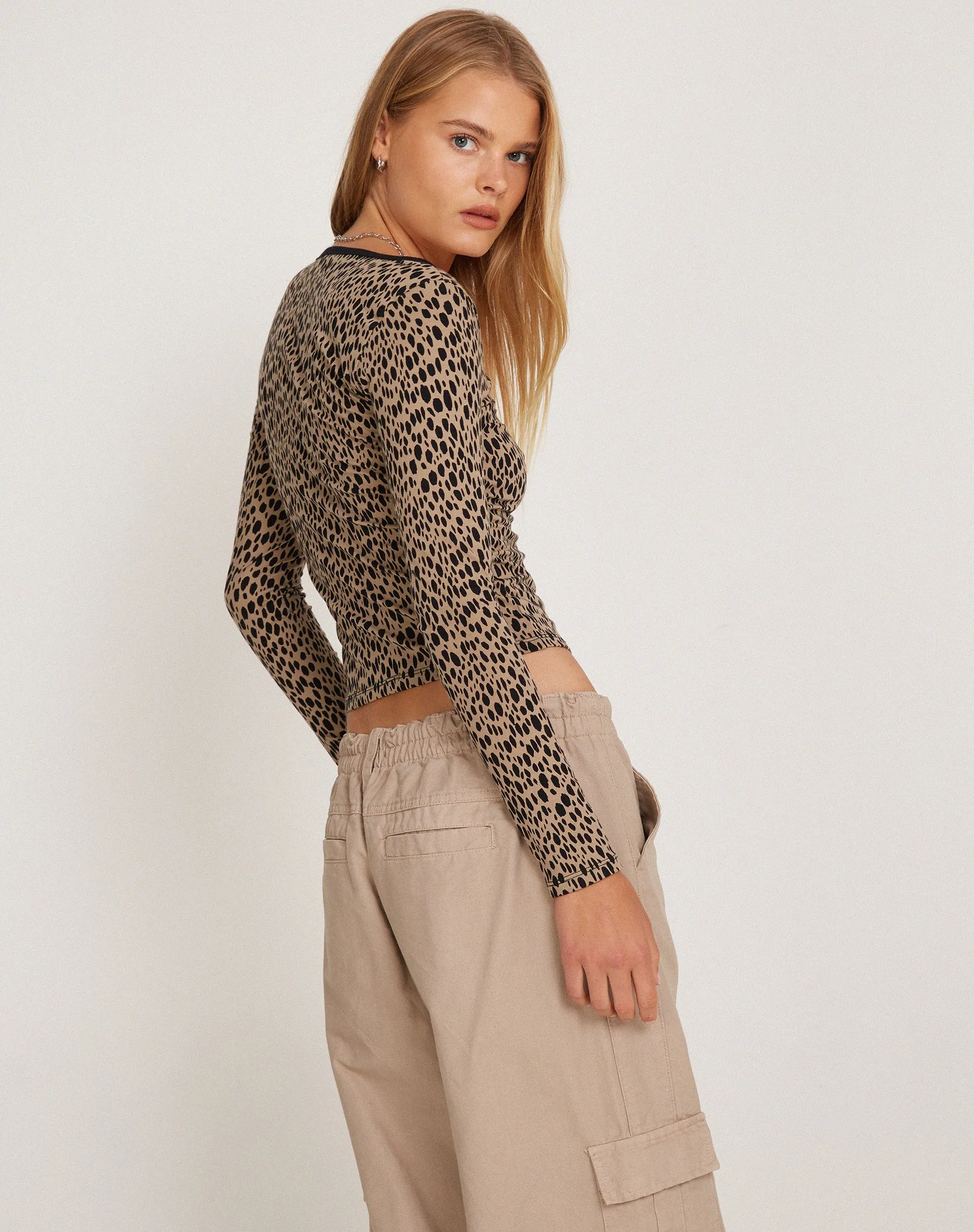 Beshi Long Sleeve Top in Mini Cheetah Black Binding