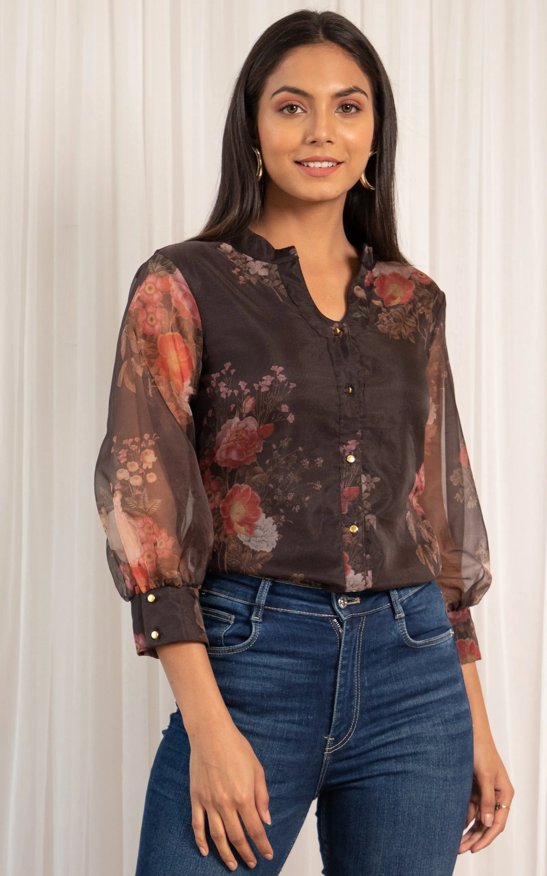 Black Floral Organza Shirt Top