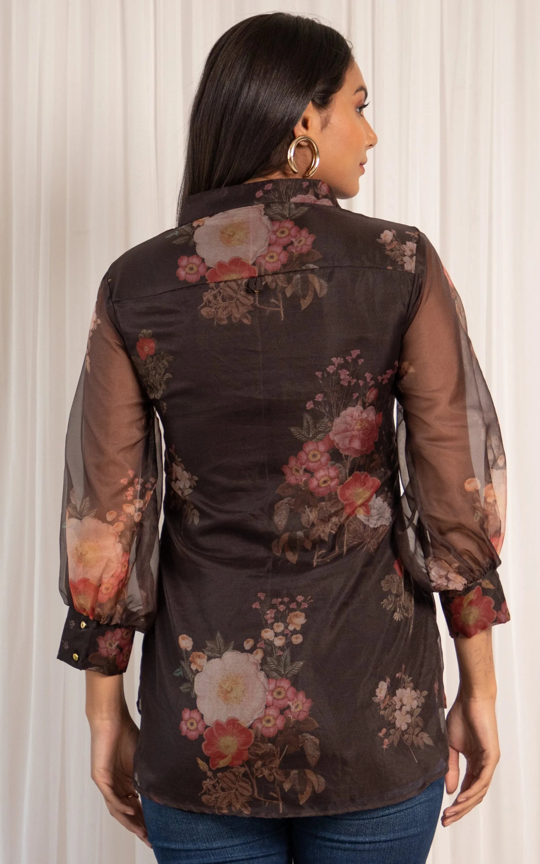 Black Floral Organza Shirt Top