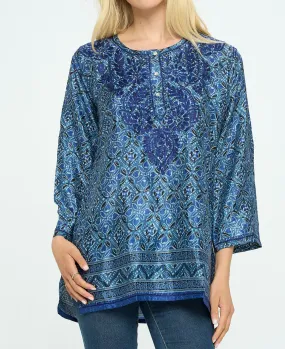 Blue Geometry Tunic With Hand Embroidery