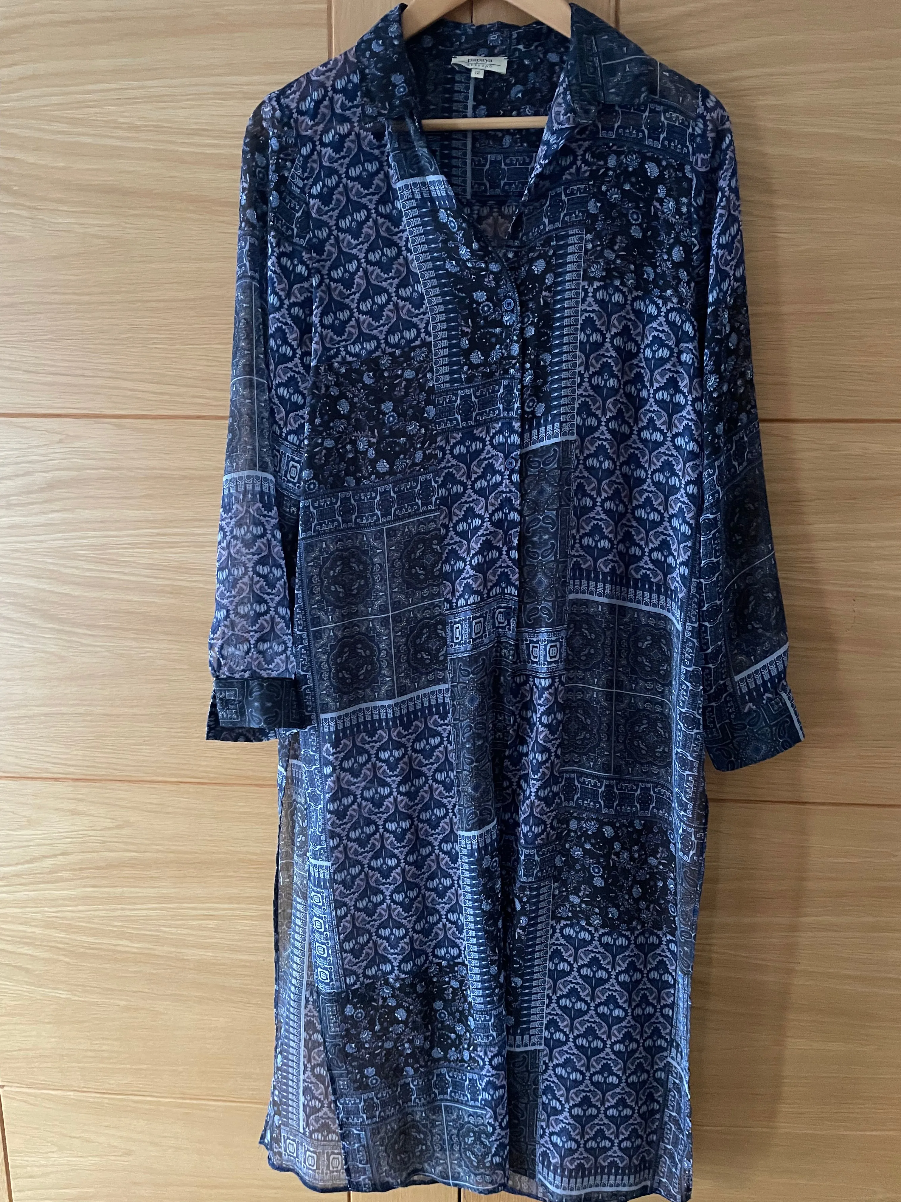 Blue Print Long Chiffon Tunic with Side Splits - Size 12