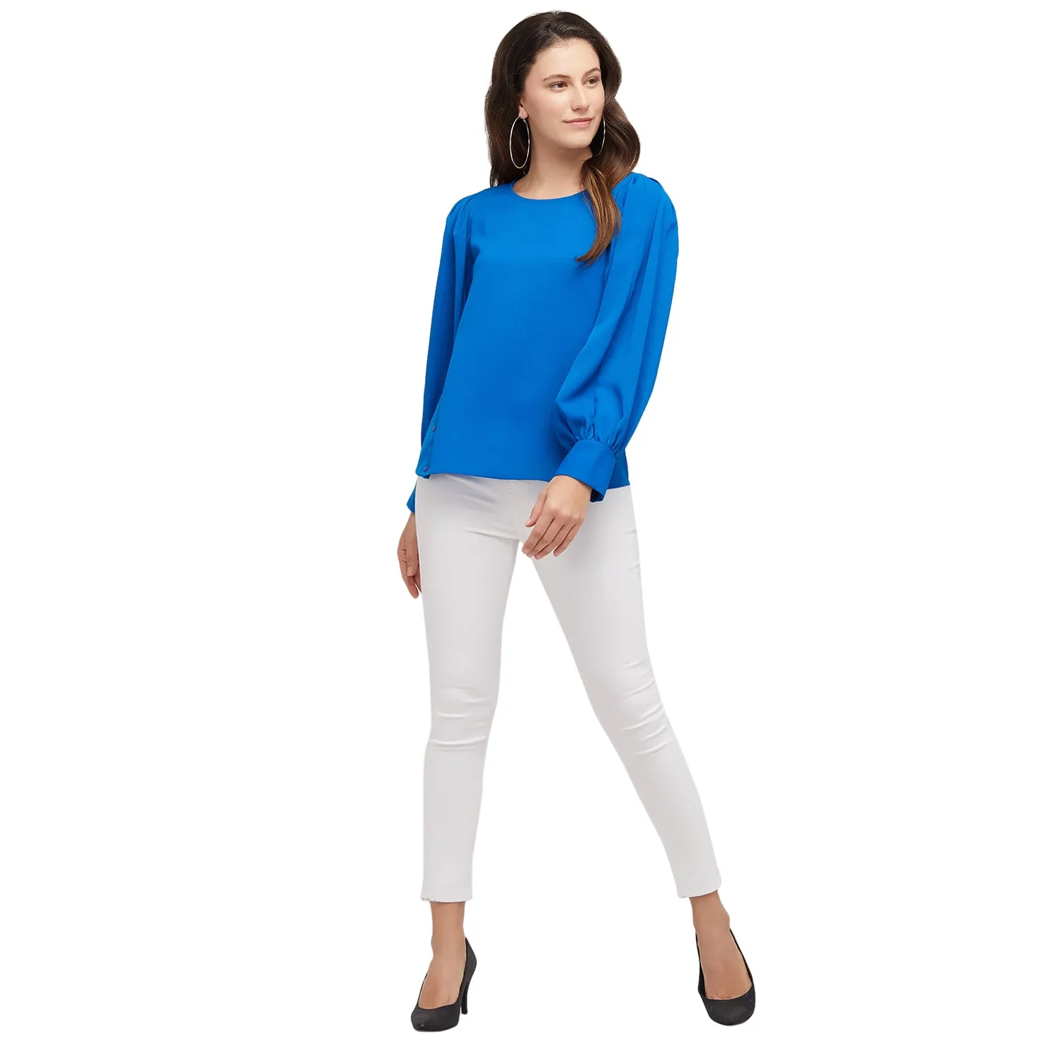 Blue Solid Full Sleeves Top