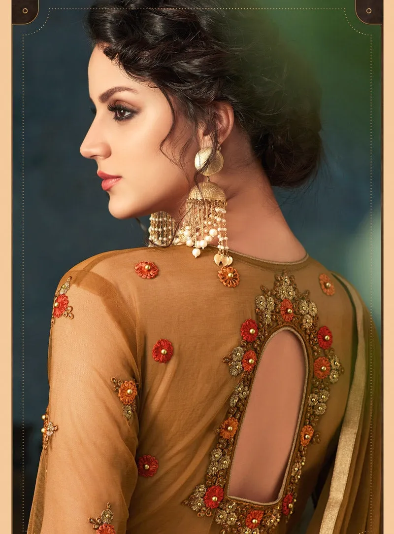 Brown Overall Traditional Embroidered Flared Anarkali Suit