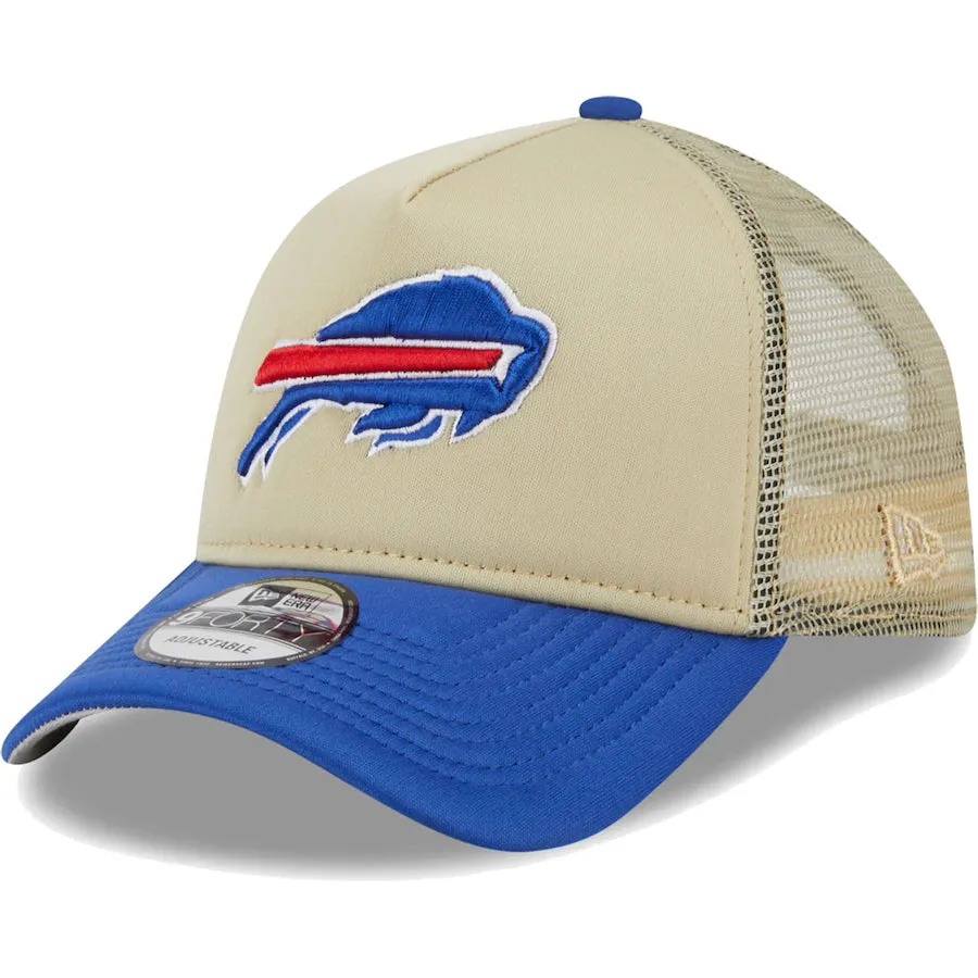 Buffalo Bills New Era All Day A-Frame Trucker 9FORTY Adjustable Hat - Tan/Royal