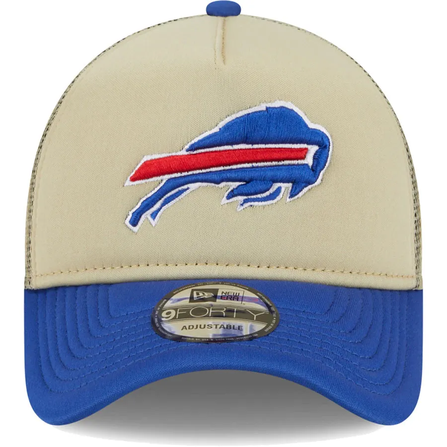 Buffalo Bills New Era All Day A-Frame Trucker 9FORTY Adjustable Hat - Tan/Royal