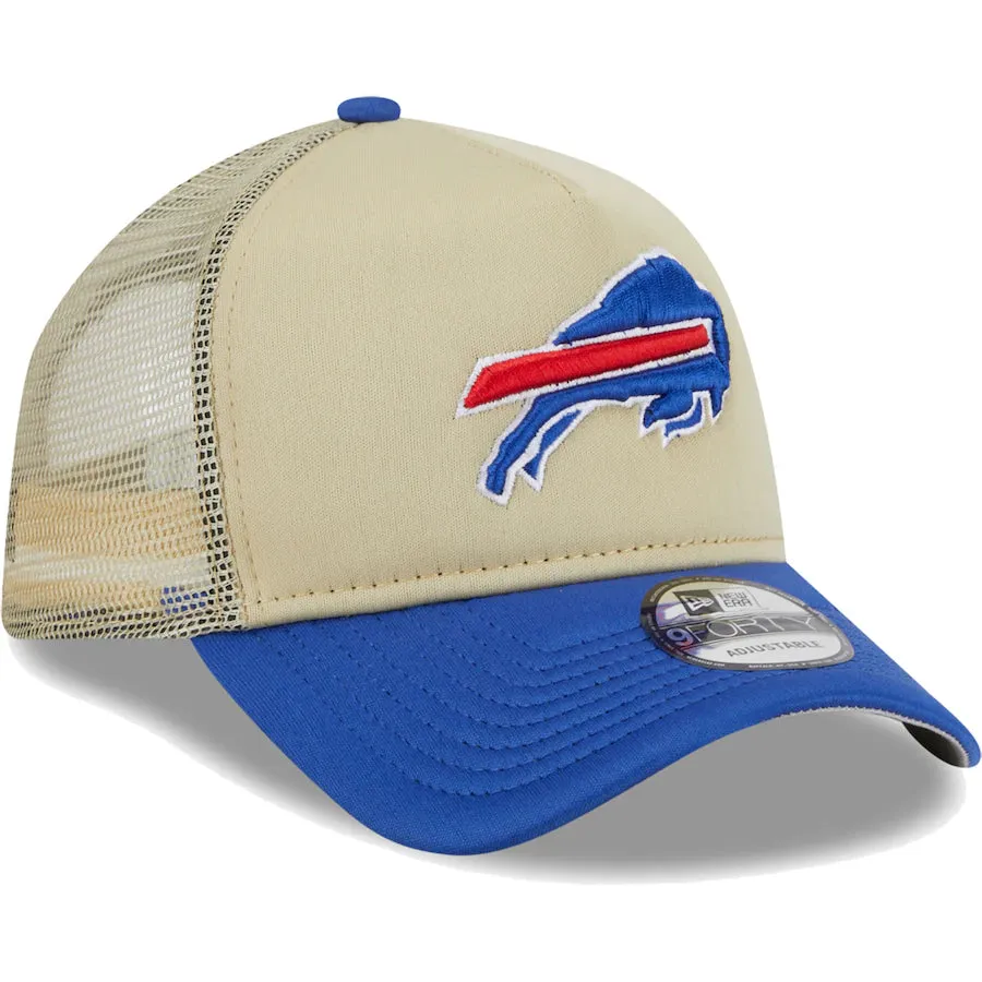 Buffalo Bills New Era All Day A-Frame Trucker 9FORTY Adjustable Hat - Tan/Royal