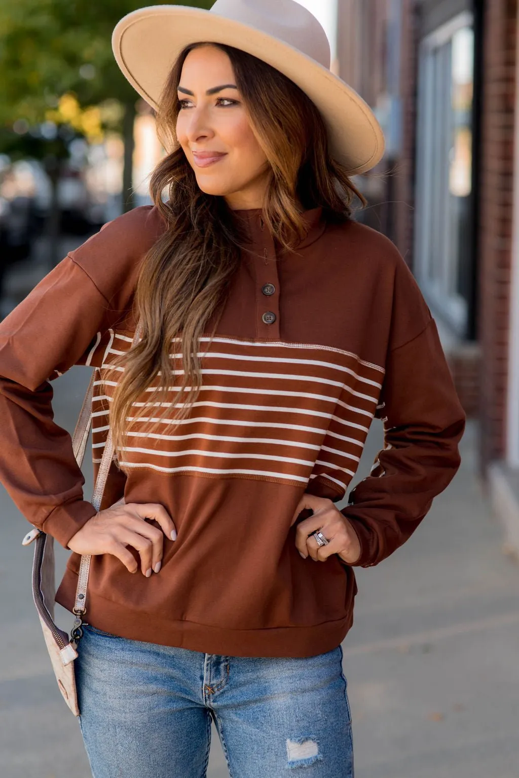 Button Stripe Sweatshirt