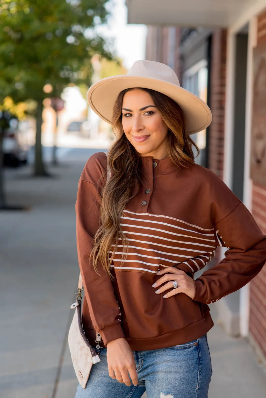 Button Stripe Sweatshirt