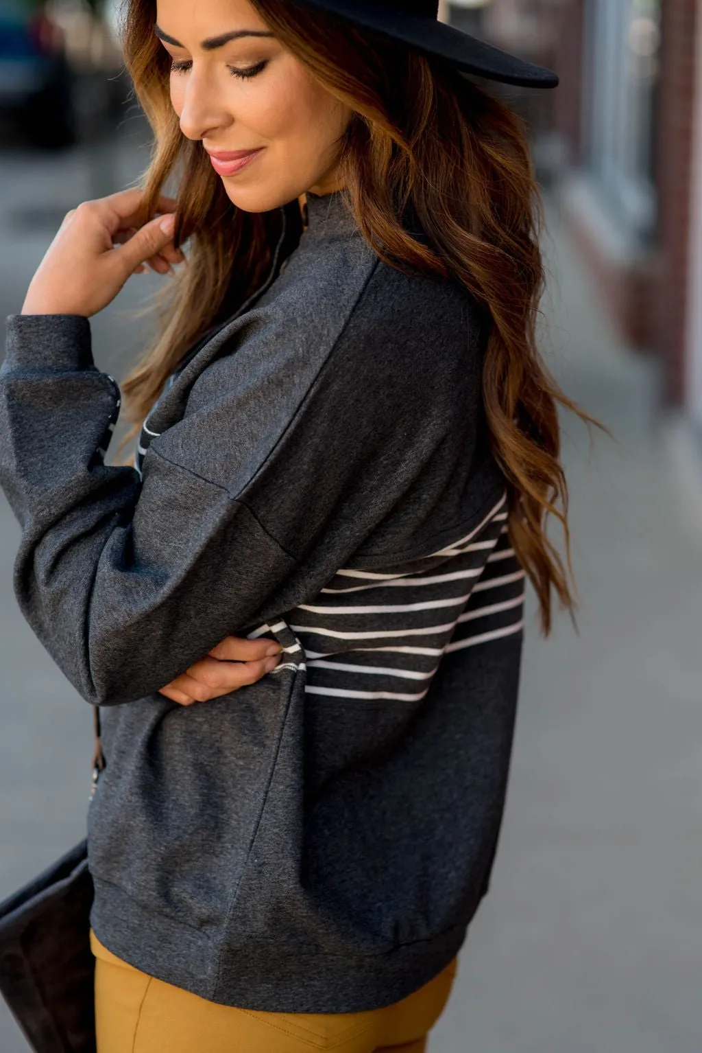 Button Stripe Sweatshirt