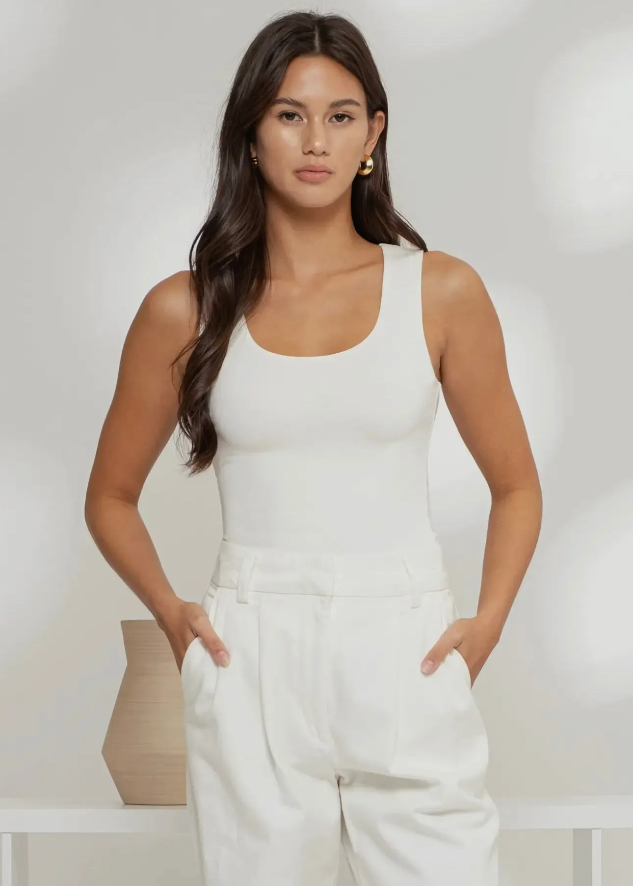 Checkmate Scoop Neckline Tank Top in Ivory