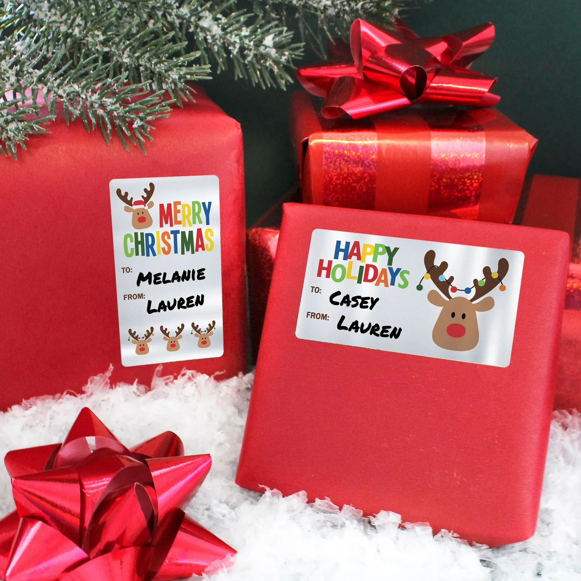 Christmas Gift Tag Stickers:  Silver Foil Whimsical Reindeer  - 75 Stickers