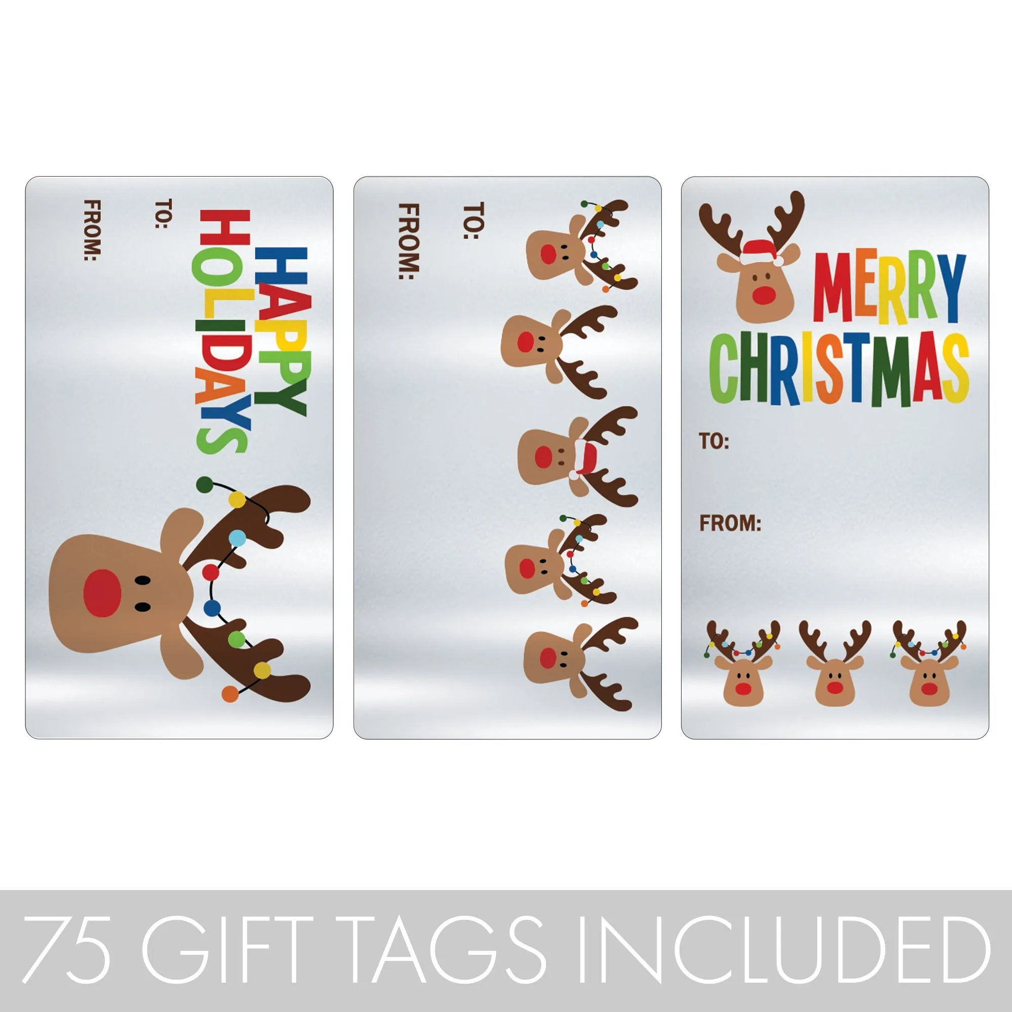 Christmas Gift Tag Stickers:  Silver Foil Whimsical Reindeer  - 75 Stickers