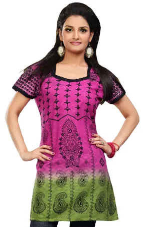 Cotton Long Indian Womens Tunic Top Printed Blouse India Clothes (Pink)