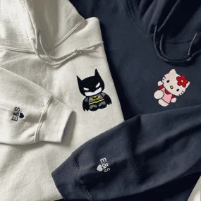 Cute Bat & Kitten Couple Hoodies – Cute Matching Embroidery for Partners