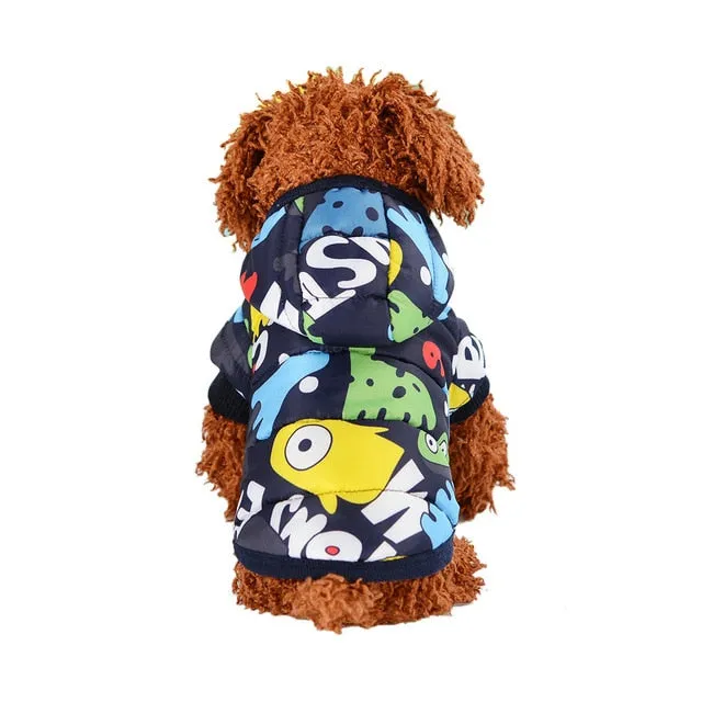 Cute Cartoon Print Soft Winter Hooded Jacket For Small Dogs