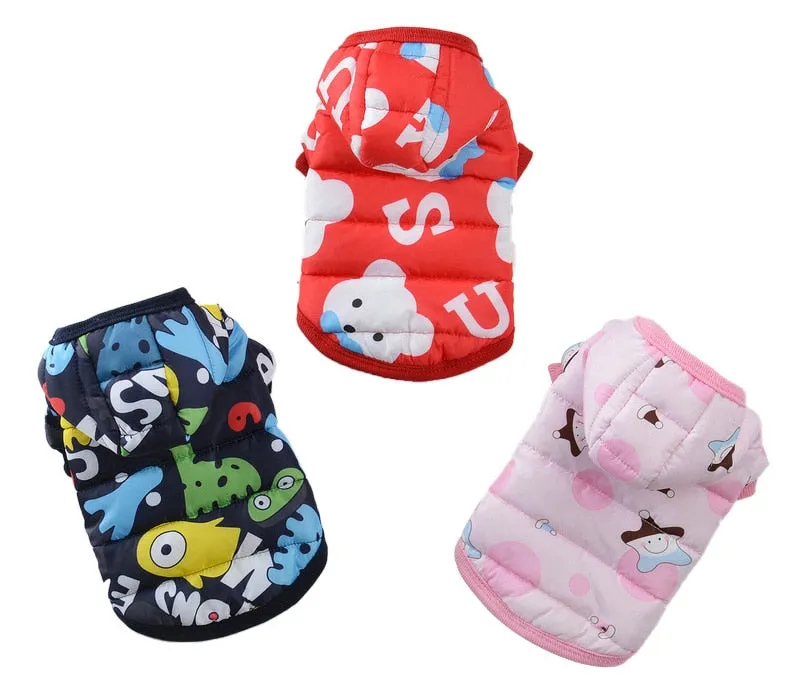 Cute Cartoon Print Soft Winter Hooded Jacket For Small Dogs