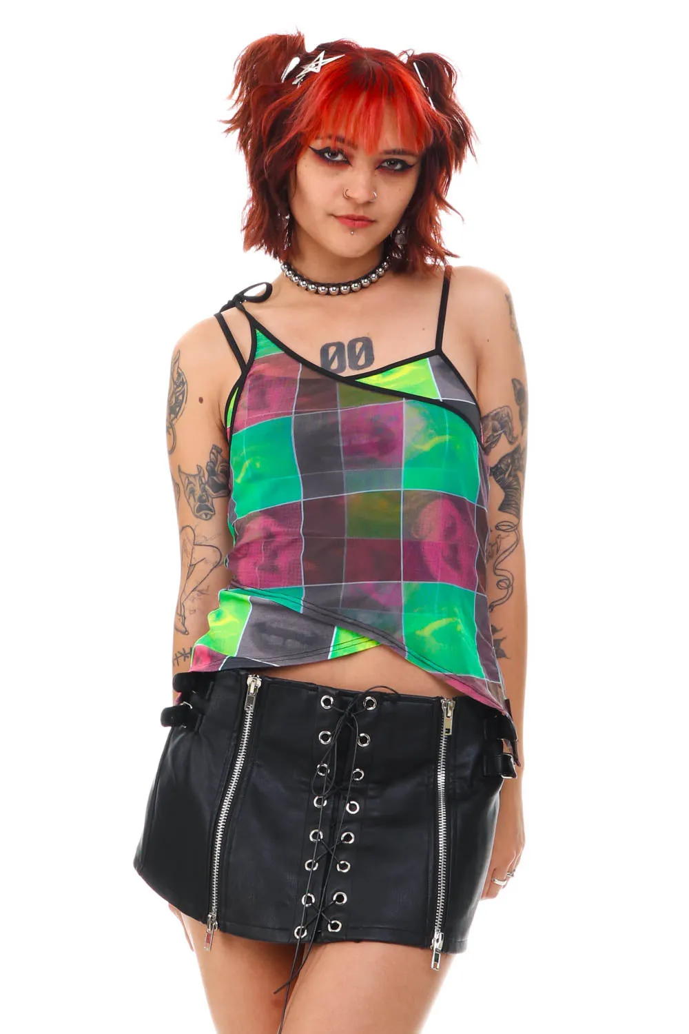 Disco Grid Print Criss-Cross Layer Top