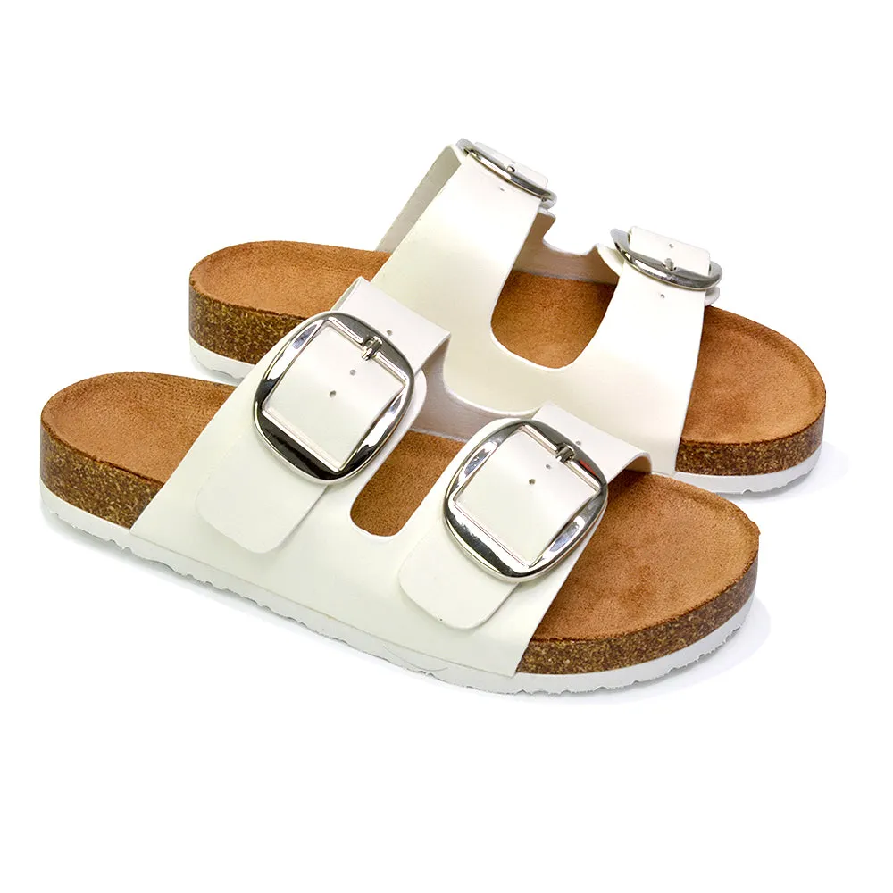 Dolly Slip On Sliders Statement Double Buckle Up Flat Sandals in Brown