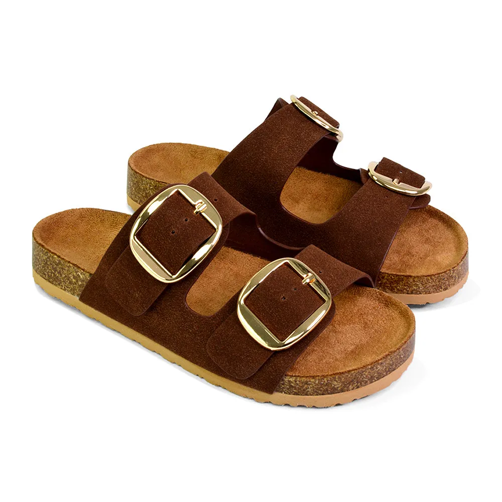 Dolly Slip On Sliders Statement Double Buckle Up Flat Sandals in Brown