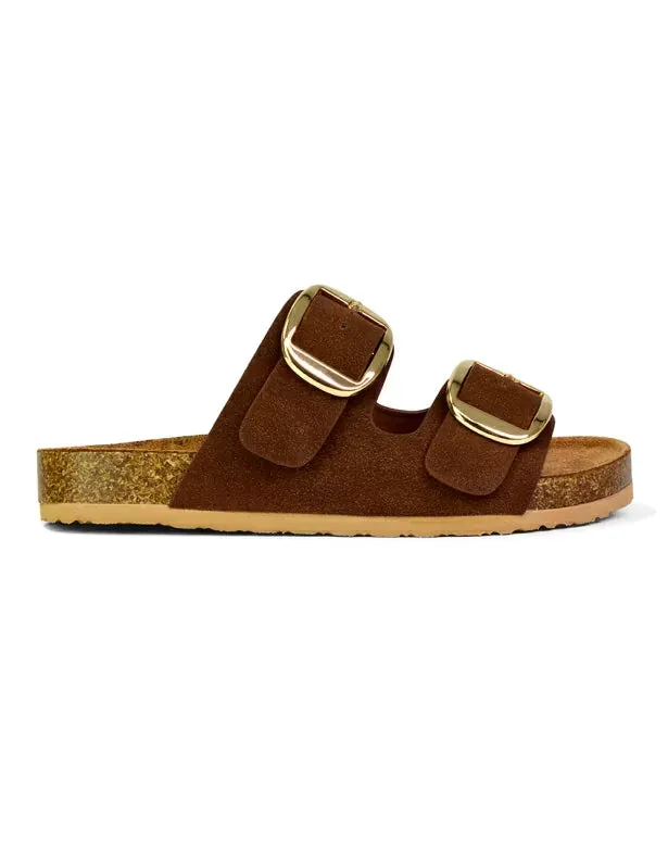 Dolly Slip On Sliders Statement Double Buckle Up Flat Sandals in Brown