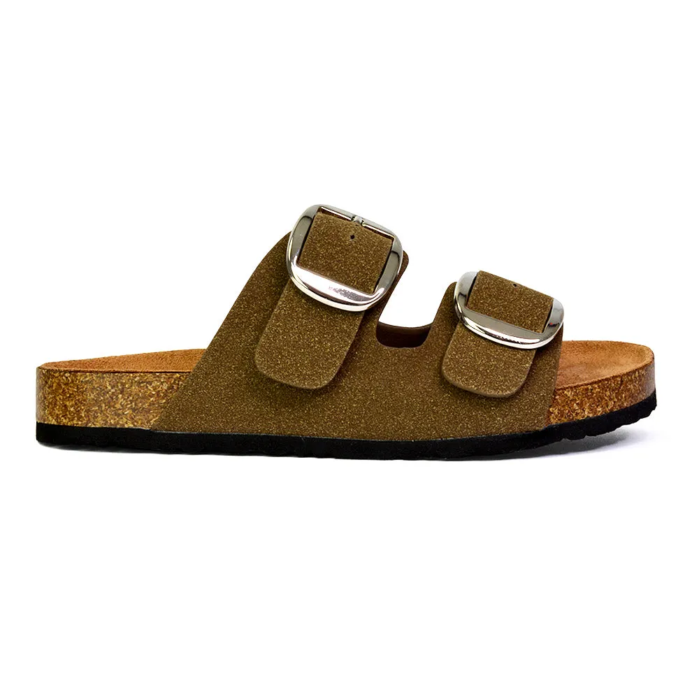 Dolly Slip On Sliders Statement Double Buckle Up Flat Sandals in Brown