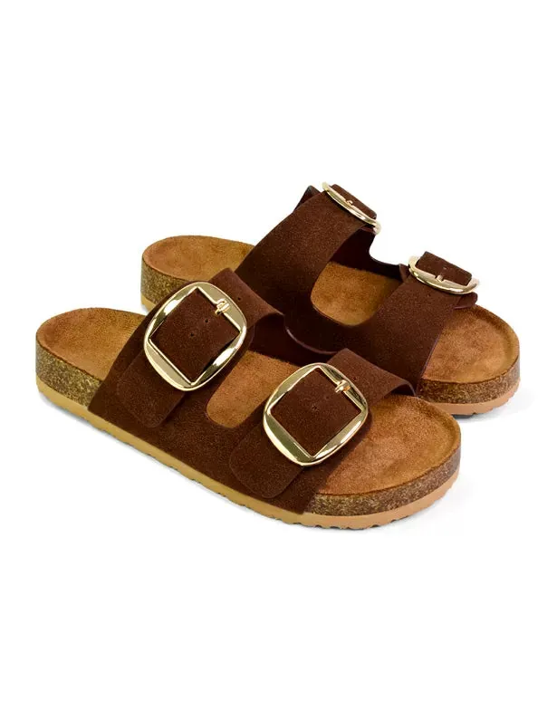 Dolly Slip On Sliders Statement Double Buckle Up Flat Sandals in Brown