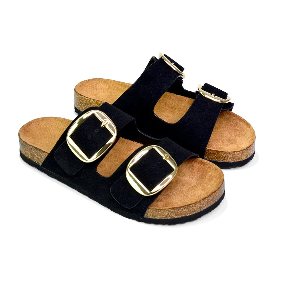 Dolly Slip On Sliders Statement Double Buckle Up Flat Sandals in Brown