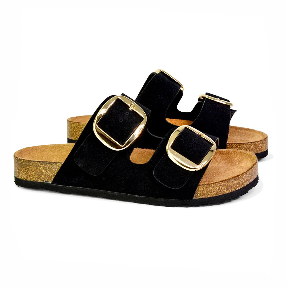 Dolly Slip On Sliders Statement Double Buckle Up Flat Sandals in Brown