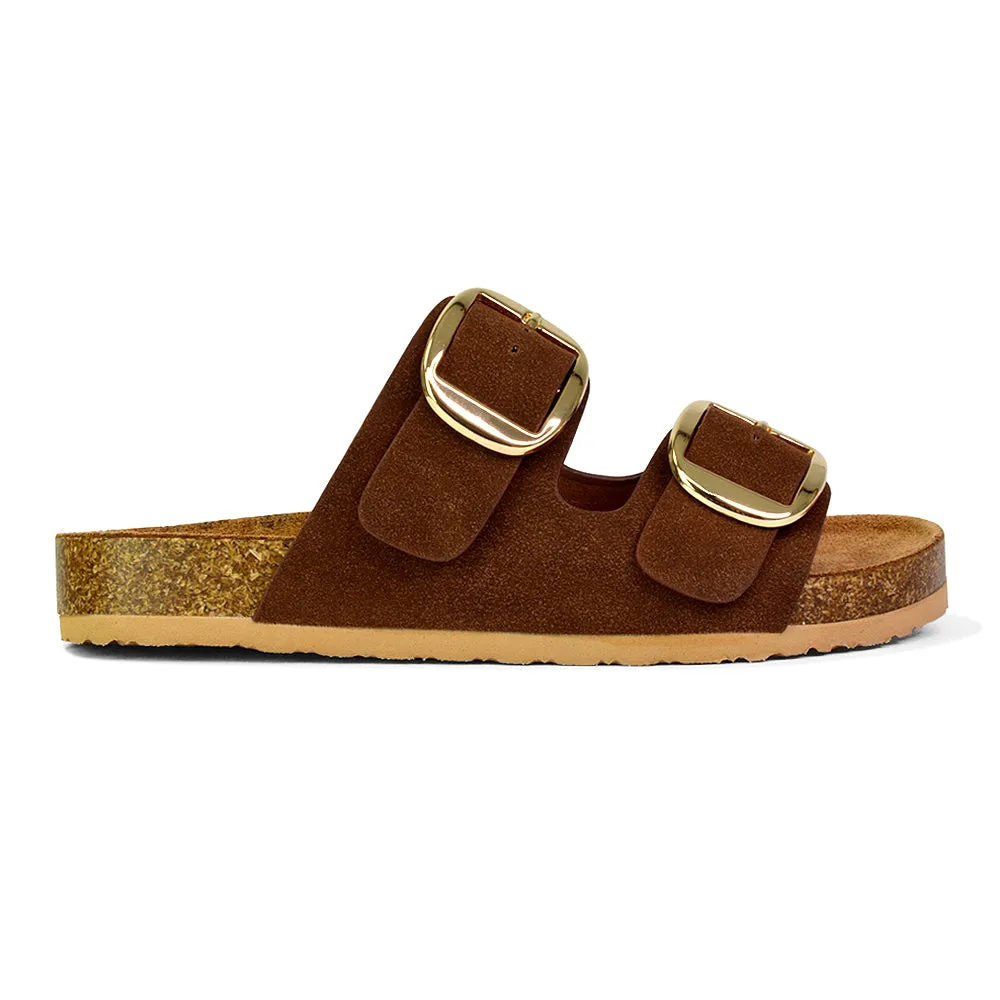 Dolly Slip On Sliders Statement Double Buckle Up Flat Sandals in Brown