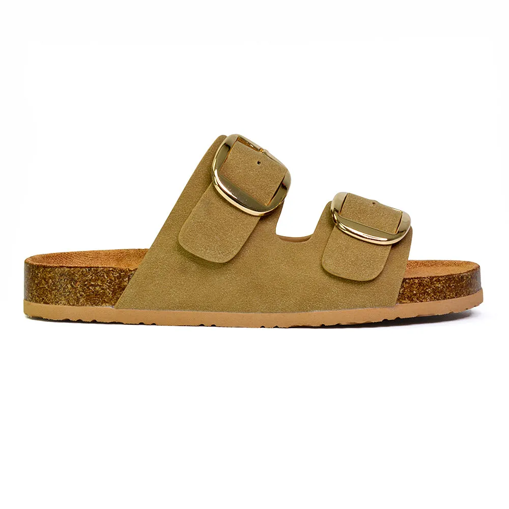 Dolly Slip On Sliders Statement Double Buckle Up Flat Sandals in Brown