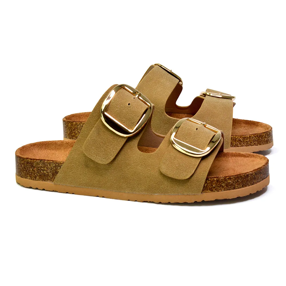 Dolly Slip On Sliders Statement Double Buckle Up Flat Sandals in Brown