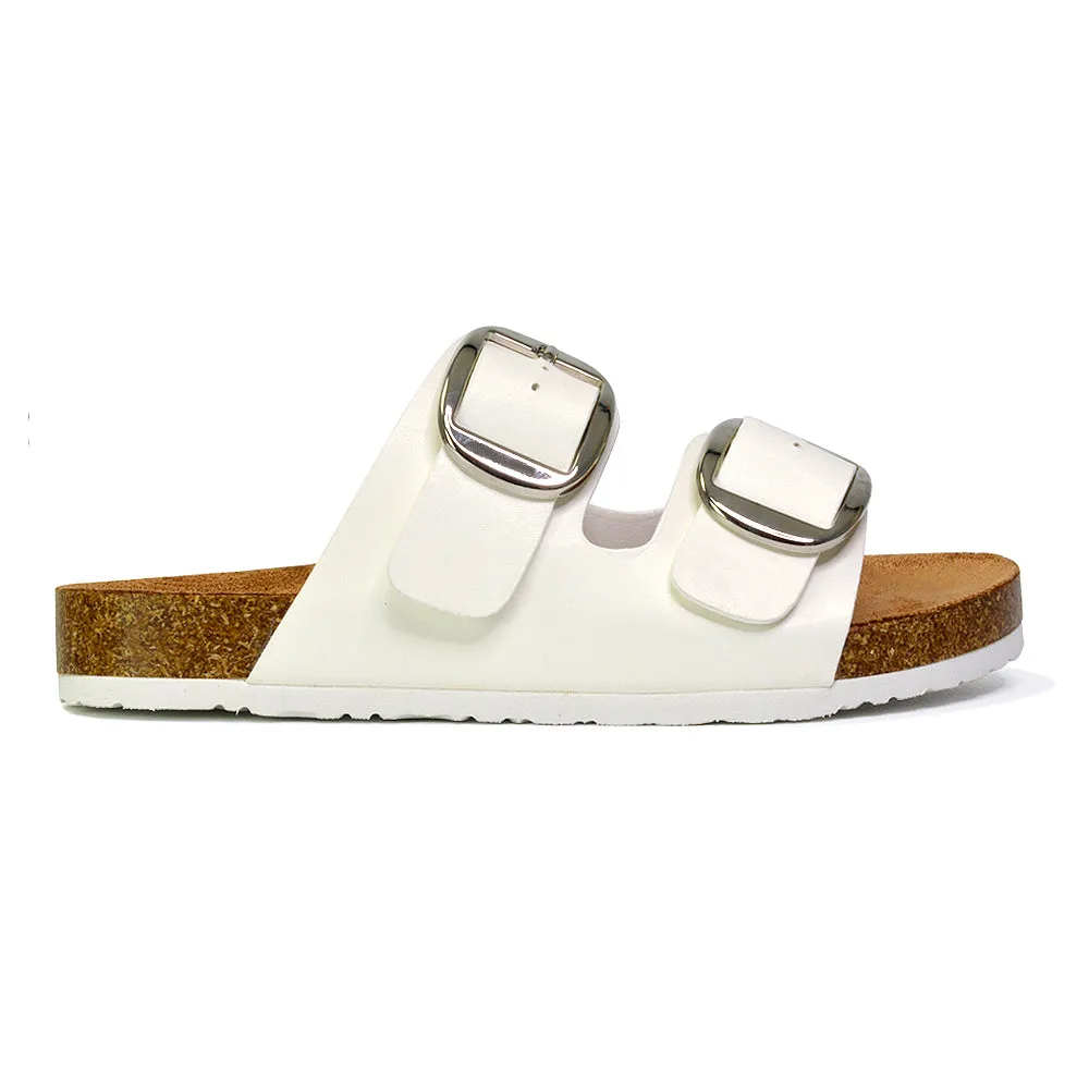 Dolly Slip On Sliders Statement Double Buckle Up Flat Sandals in Brown