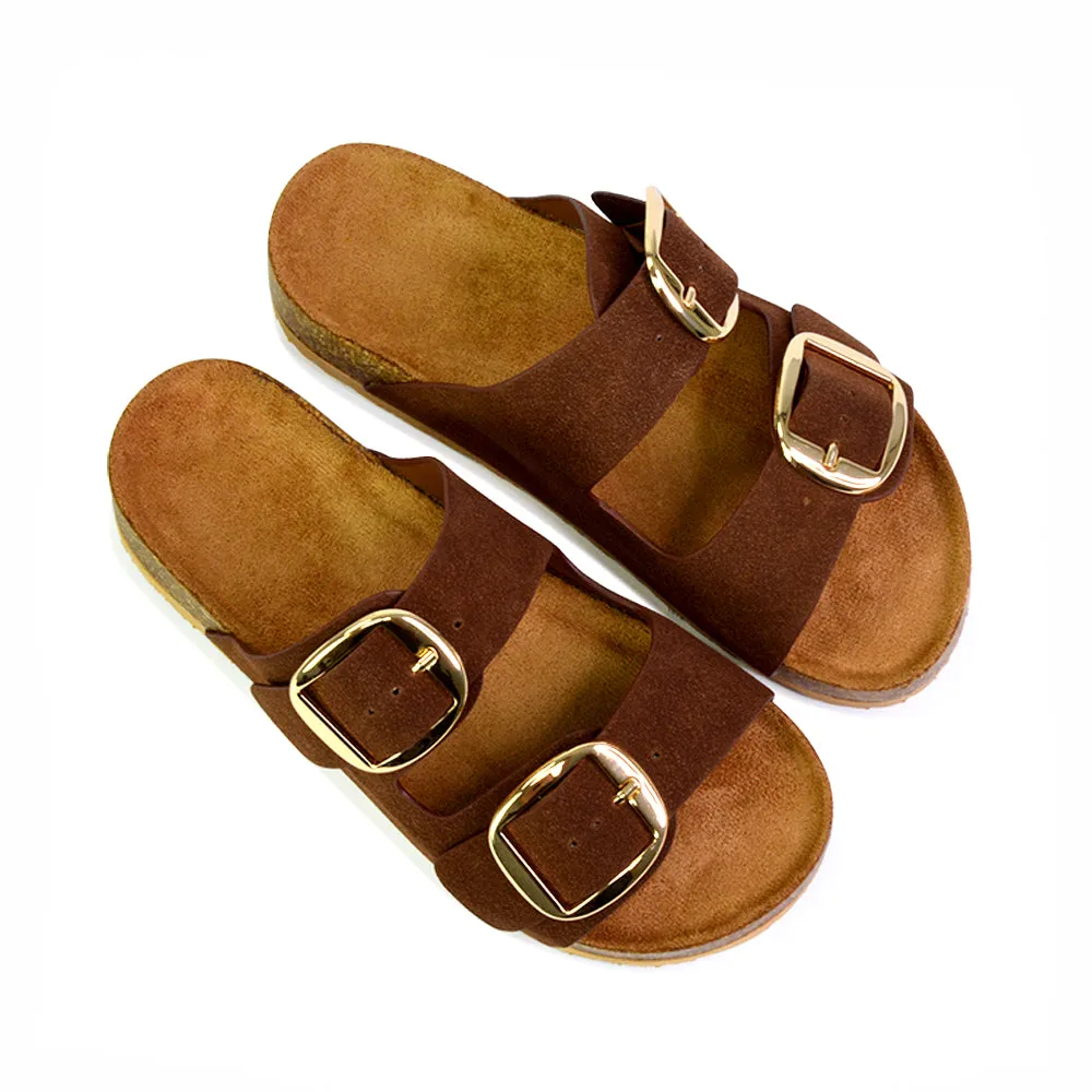 Dolly Slip On Sliders Statement Double Buckle Up Flat Sandals in Brown