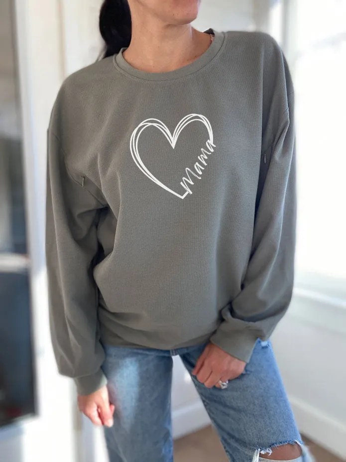 Double Heart Mama Waffle Knit Crewneck