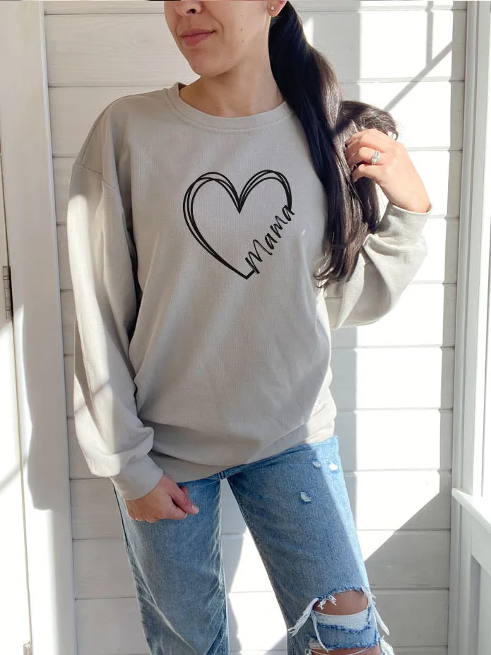 Double Heart Mama Waffle Knit Crewneck