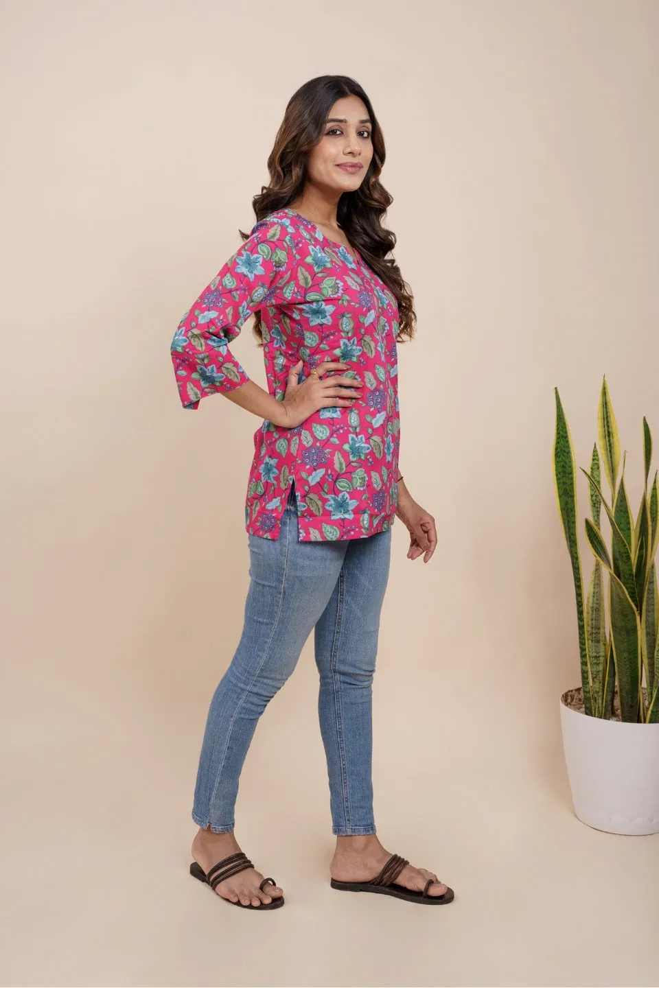 Ekisha's women dark pink beautiful designer floral printed cotton tunic top short kurti