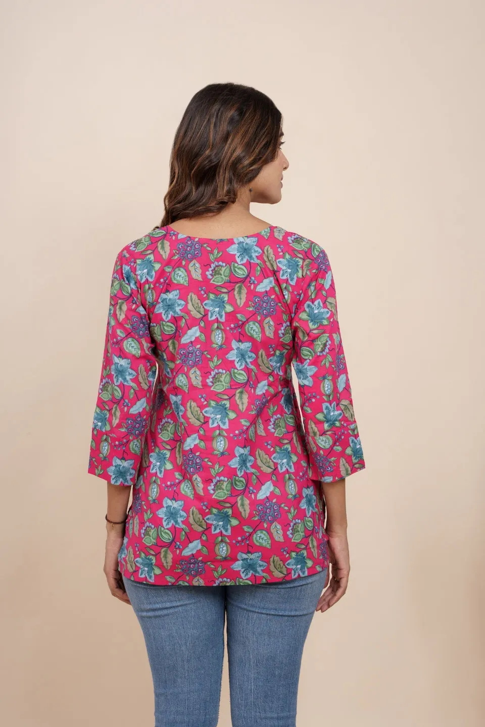 Ekisha's women dark pink beautiful designer floral printed cotton tunic top short kurti