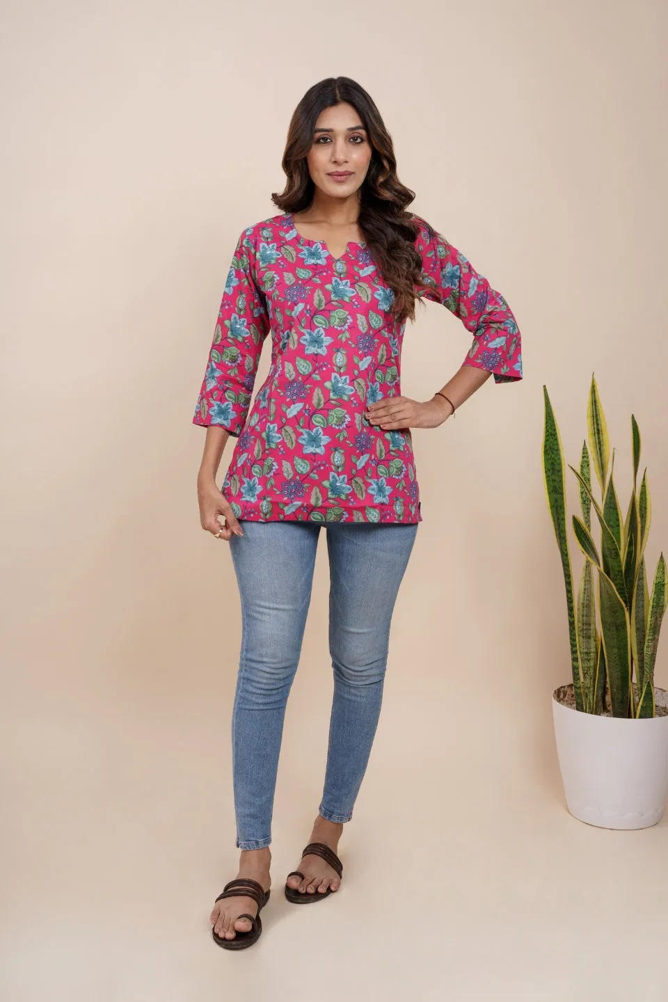 Ekisha's women dark pink beautiful designer floral printed cotton tunic top short kurti